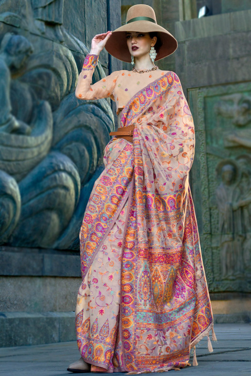 Chanderi Silk Light Beige Thread Weaved Broad Border Saree 