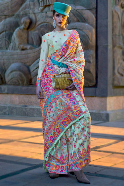 Chanderi Silk Powder Blue Weaved Thread Broad Border Saree 