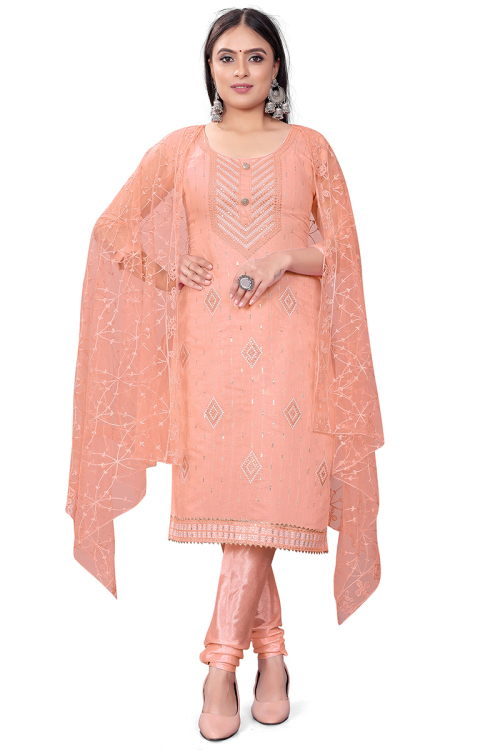 Chanderi Silk Straight Cut Embroidered Salmon Peach Churidar Suit