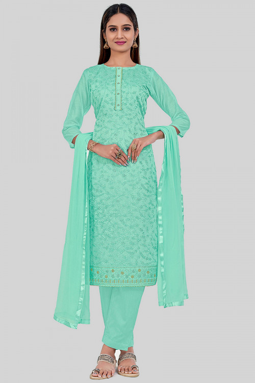Chanderi Silk Turquoise Green Embroidered Trouser Suit