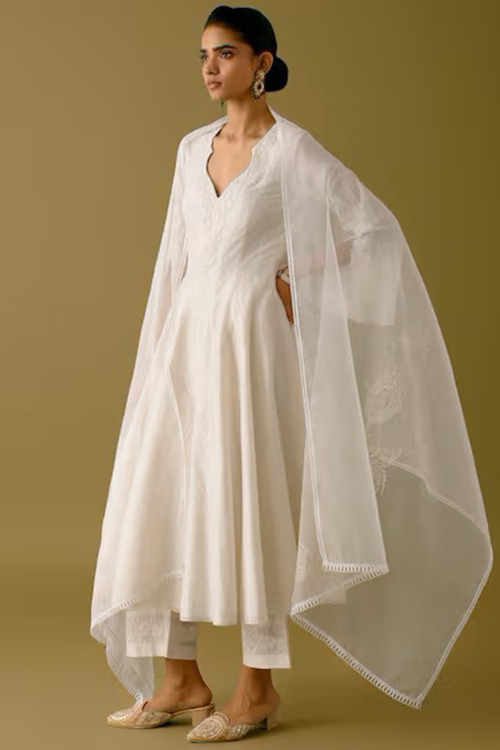 Chanderi Silk White Trouser Suit with Thread Work for Eid