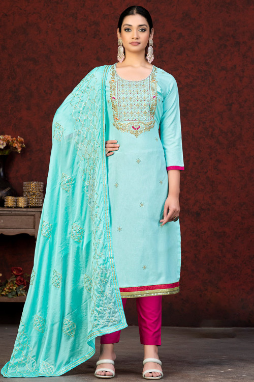 Chanderi Turquoise Blue Embroidered Straight Cut Trouser Suit 
