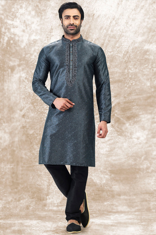Charcoal Grey Art Silk Men's Kurta Churidar With Weaved Work