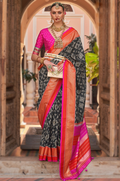 Charcoal Grey Art Silk Printed Broad Border Saree