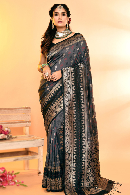 Charcoal Grey Art Silk Saree With Weaved Work For Festival