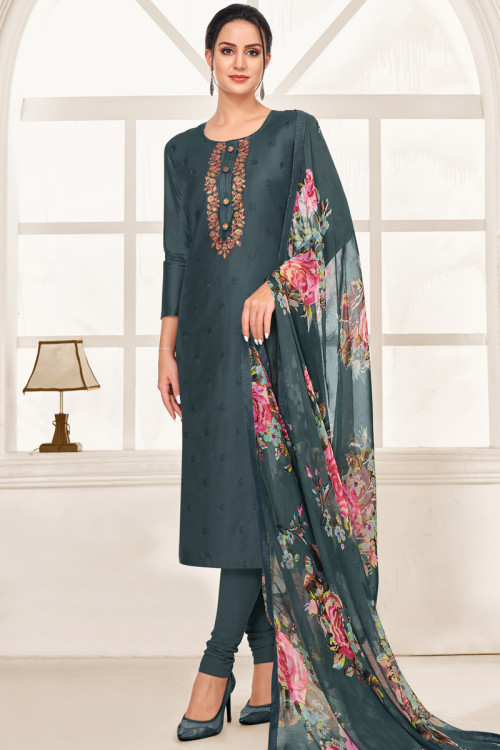 Charcoal Grey Chanderi Cotton Embroidered Churidar Suit