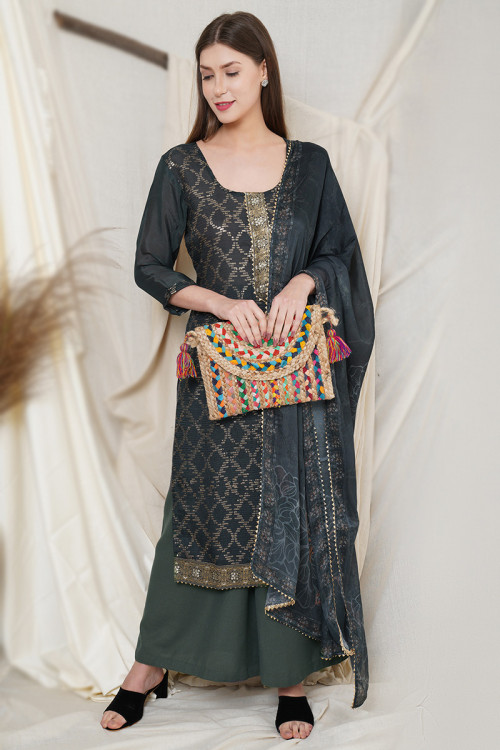 Charcoal Grey Chiffon Embroidered Palazzo Suit For Sangeet 