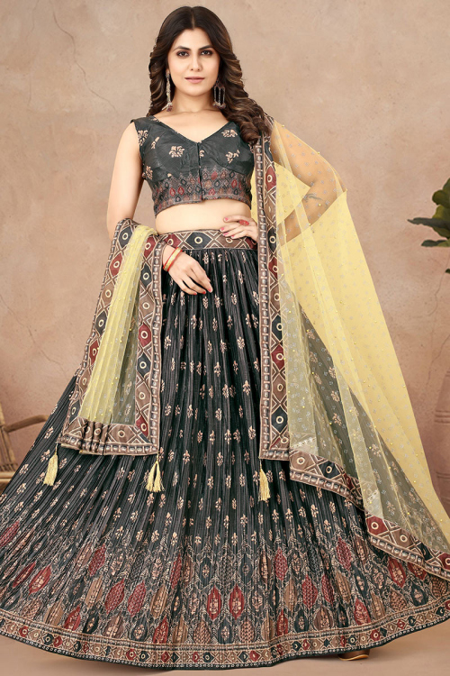 Charcoal Grey Chinon Silk Flared Printed Lehenga