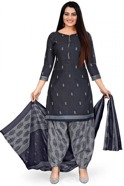 Charcoal Grey Cotton Printed Casual Wear Patiala Suit 