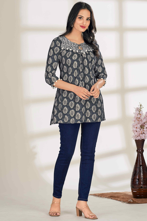 Charcoal Grey Cotton Printed Short Casual Wear Kurti 