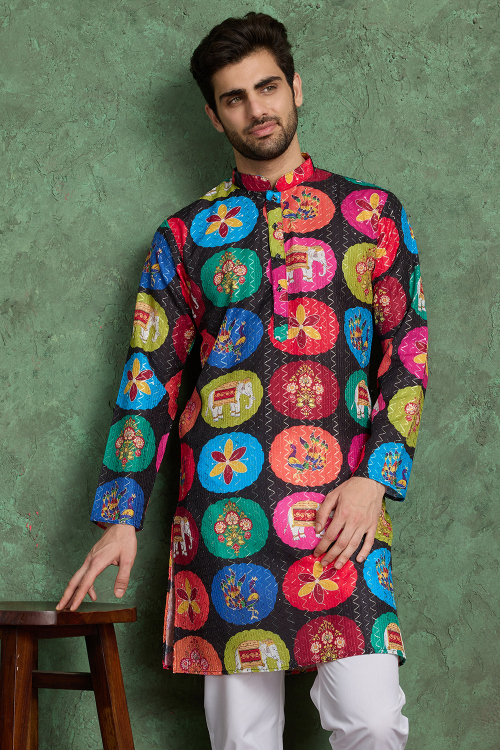 Charcoal Grey Cotton Rayon Men's Kurta With Zari Work For Festival