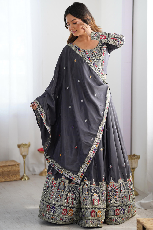 Charcoal Grey Cotton Silk Lehenga with Zari Work for Diwali
