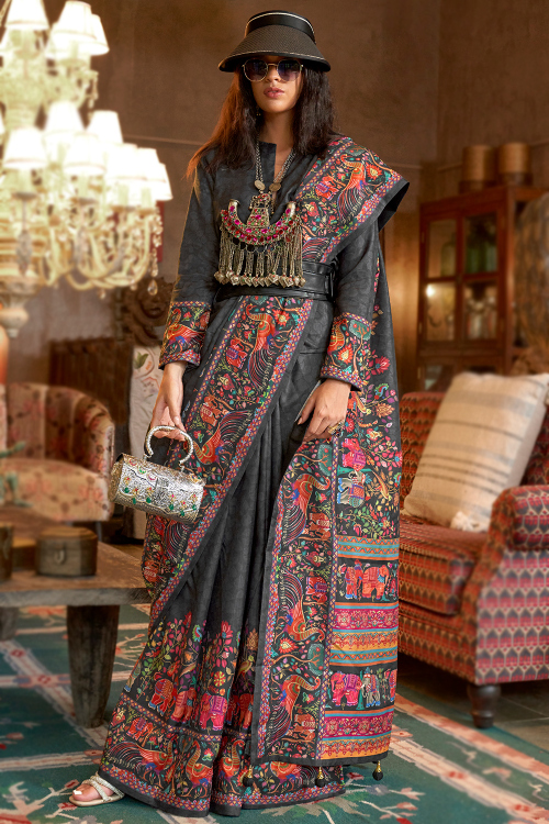 Charcoal Grey Cotton Silk Printed Broad Border Saree