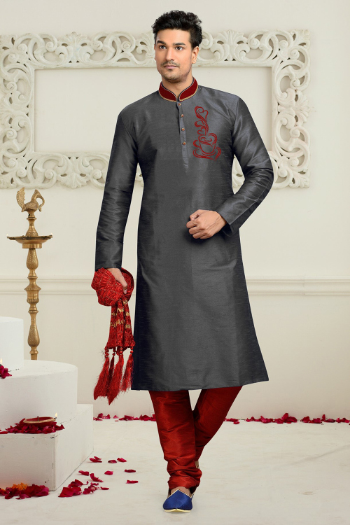 Charcoal Grey Dupion Silk Men's Kurta Churidar With Zari Work