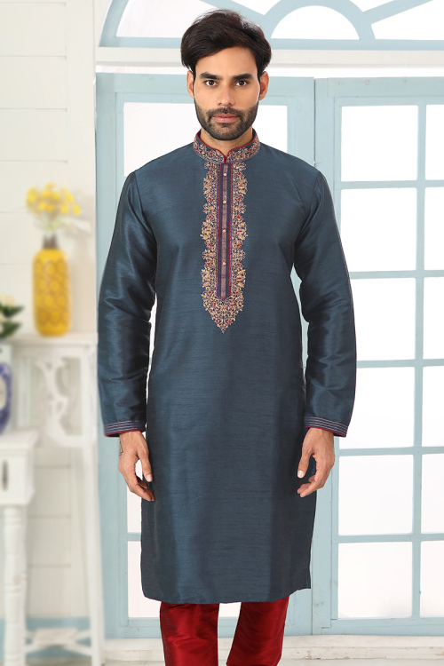 Charcoal Grey Dupion Silk Stone Embroidered Men's Kurta 