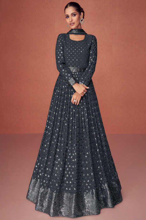 Charcoal Grey Georgette Embroidered Anarkali Suit