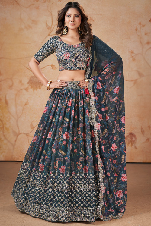 Charcoal Grey Georgette Printed Flared Lehenga
