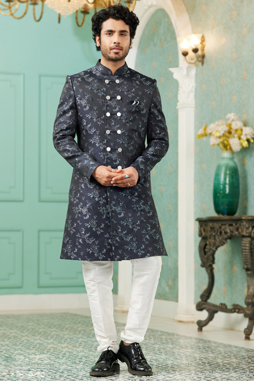 Charcoal Grey Jacquard Weaved Zari Floral Men's Sherwani 