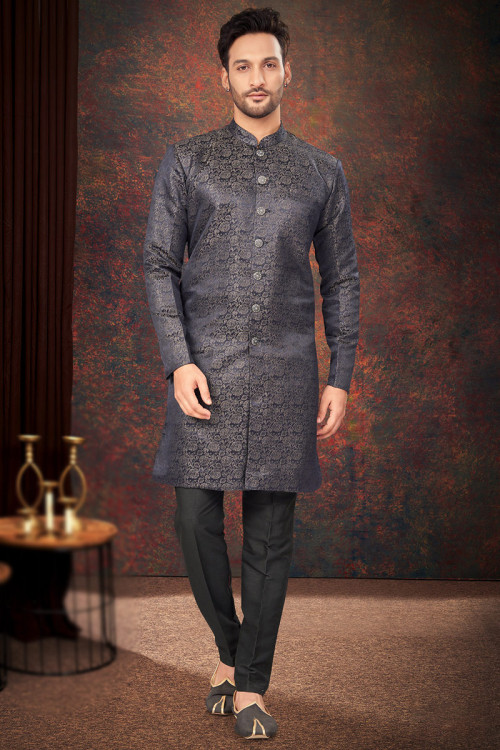 Charcoal Grey Jacquard Weaved Zari Men's Sherwani For Sangeet 