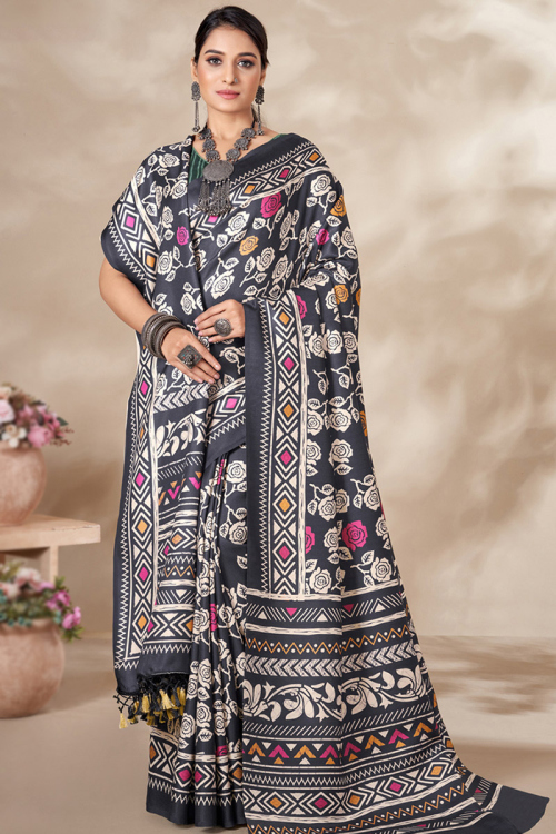 Charcoal Grey Printed Pashmina Light Weight Saree