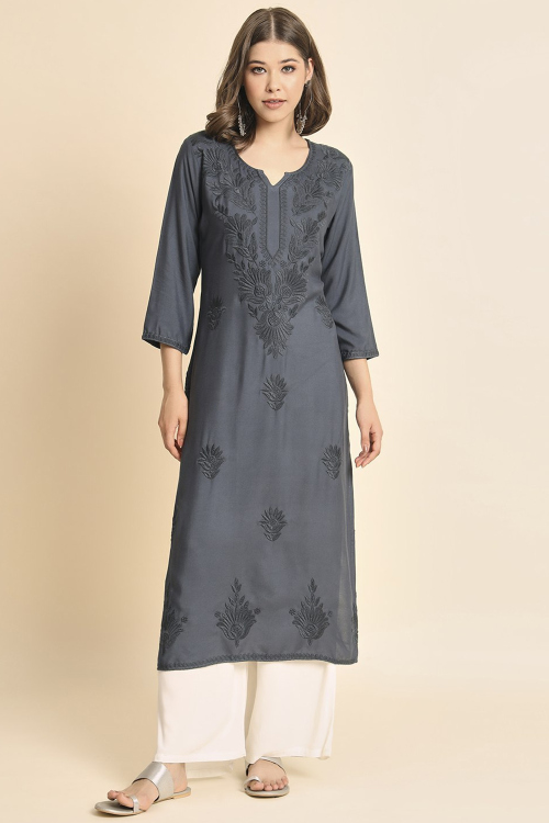 Charcoal Grey Rayon Embroidered Ready to Wear Straight Cut Casual Wear Kurti