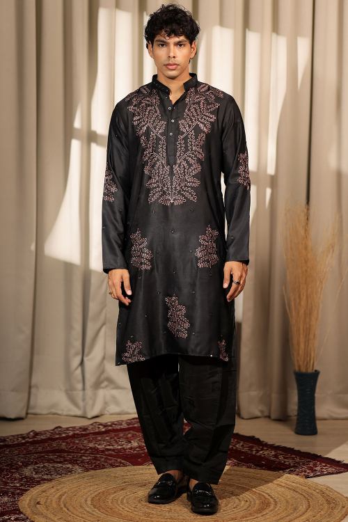 Charcoal Grey Satin Men's Kurta Pajama With Sequins Work