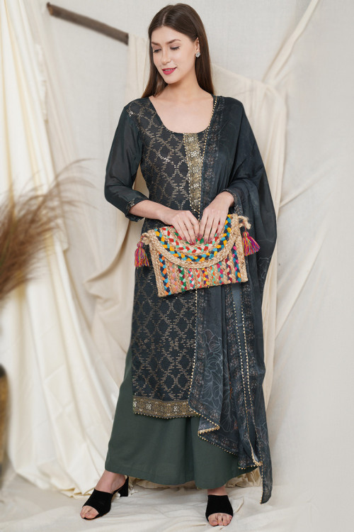 Charcoal Grey Sequins Embroidered Chinnon Palazzo Suit 