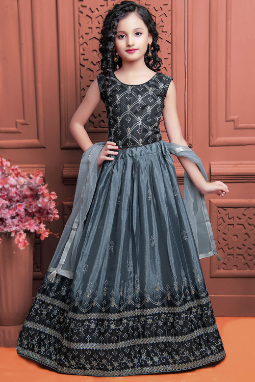 Charcoal Grey Silk A Line Sequins Embroidered Lehenga