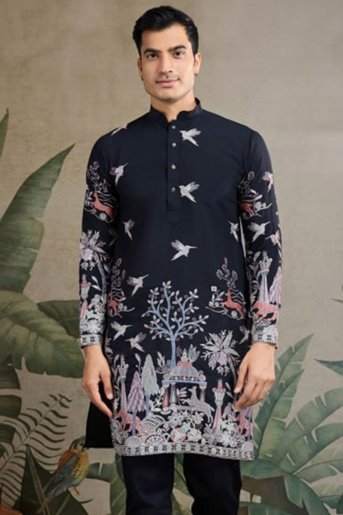 Charcoal Grey Silk Blend Men's Kurta With Sequins Work For Diwali
