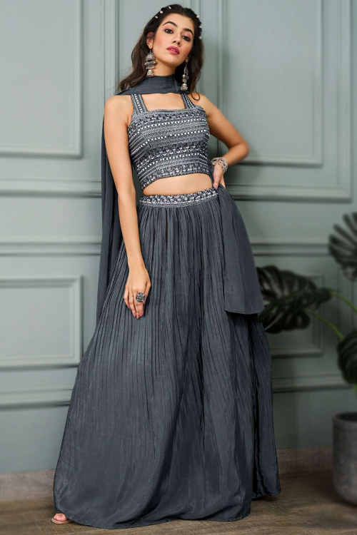 Charcoal Grey Silk Embroidered Flared Style Lehenga