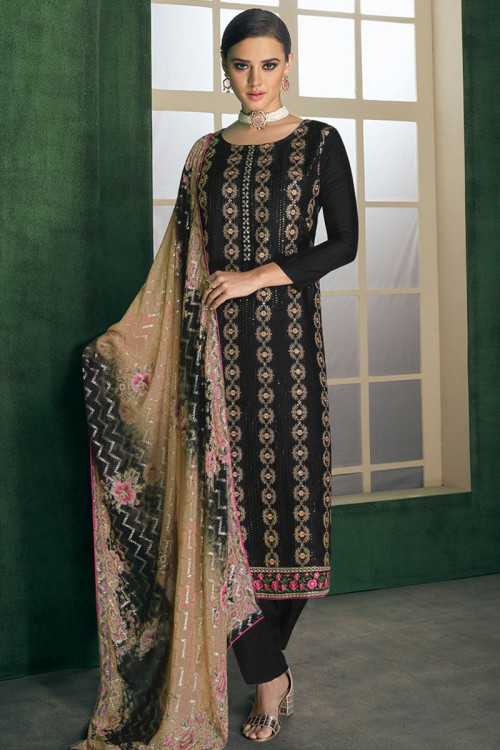 Charcoal Black Georgette Embroidered Trouser Suit