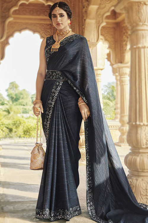 Charcoal Grey Silk Lace Embroidered Fancy Saree