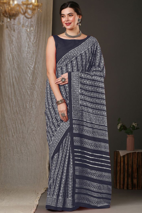 Charcoal Grey Silk Light Weight Printed Saree