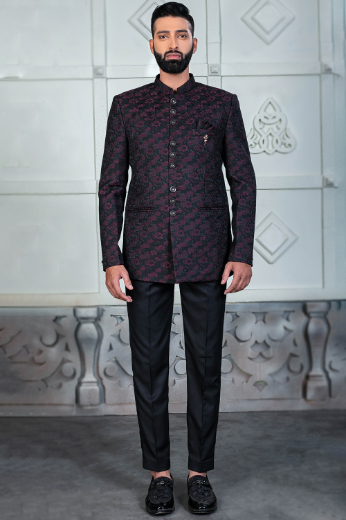 Charcoal Grey Silk Men's Jodhpuri Style Weaved Thread Sherwani
