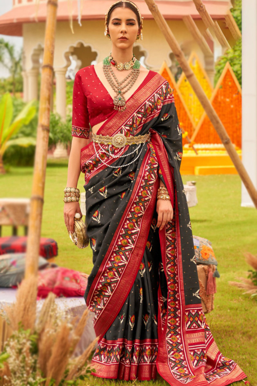 Charcoal Grey Silk Patola Printed Saree