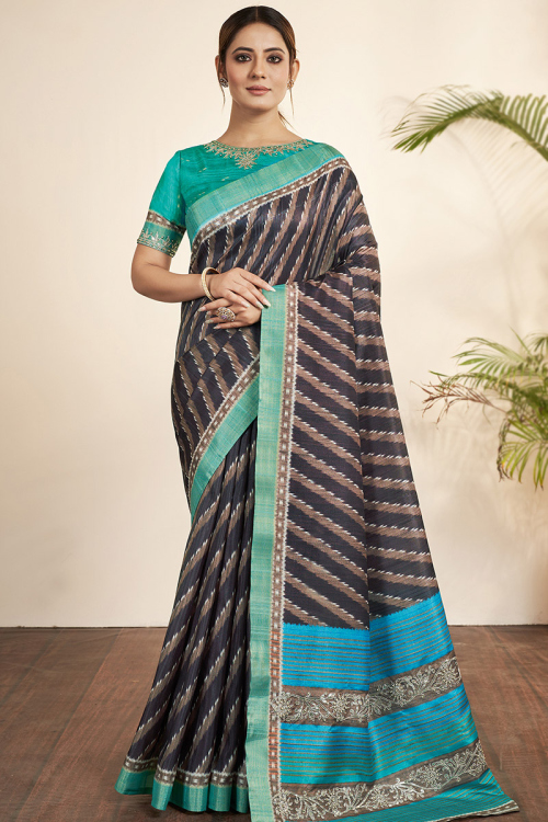 Charcoal Grey Silk Printed Bhagalpuri Saree