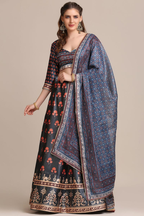 Charcoal Grey Silk Printed Lehenga