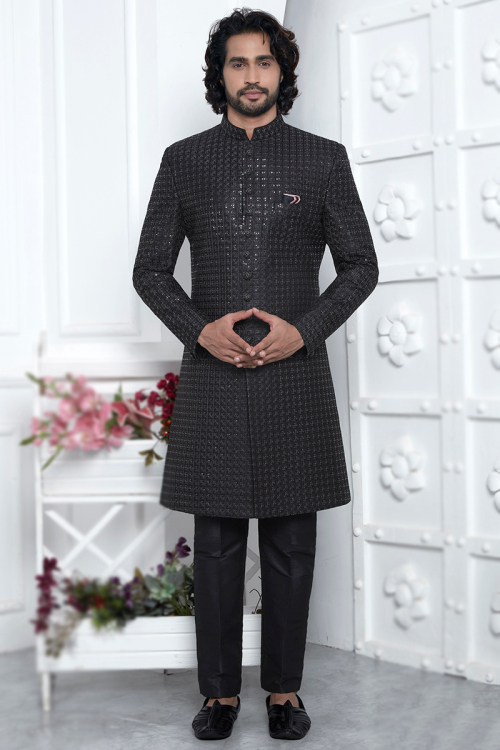 Charcoal Grey Silk Sequins Embroidered Straight Cut Men's Sherwani