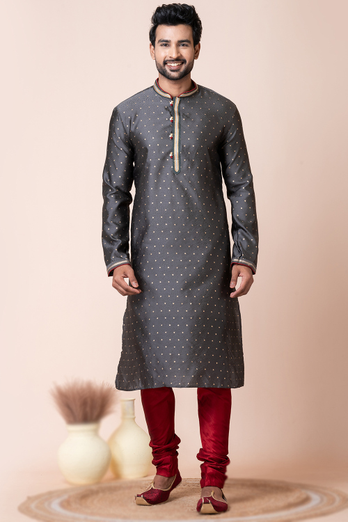 Charcoal Grey Weaved Cotton Men's Straight Cut Kurta Churidar