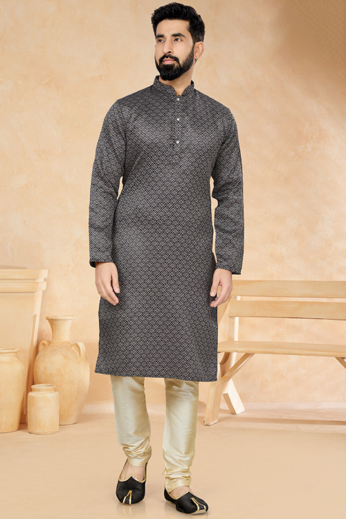 Charcoal Grey Woven Zari Jacquard Traditional Men's Kurta Churidar