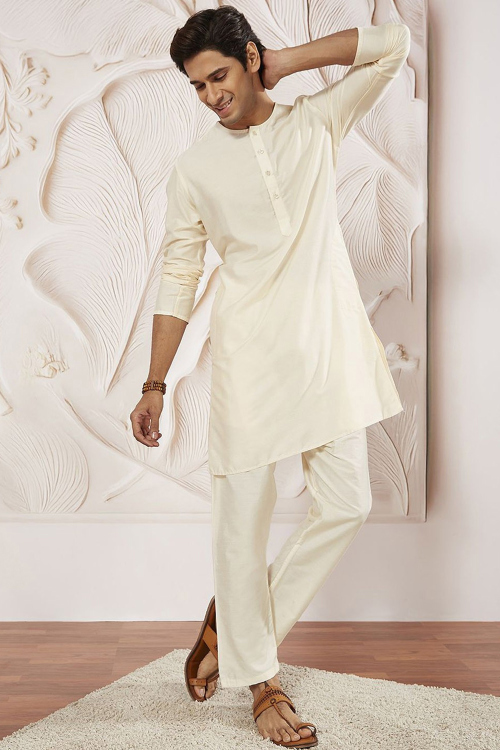 Charming Cream Art Silk Straight Cut Men's Kurta Pajama 