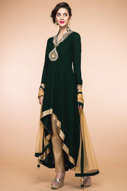 Dark Green Georgette Trail Cut Anarkali Suit With Cigarette Pant for Eid