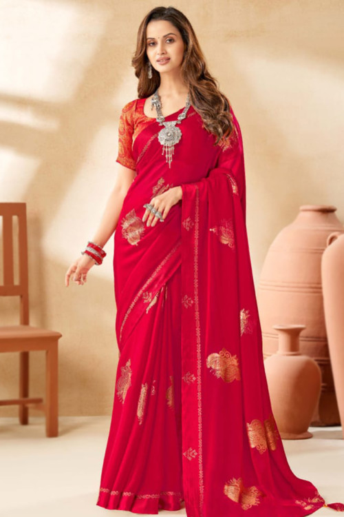 Cherry Foil Printed Red Crepe Satin Light Weight Saree 