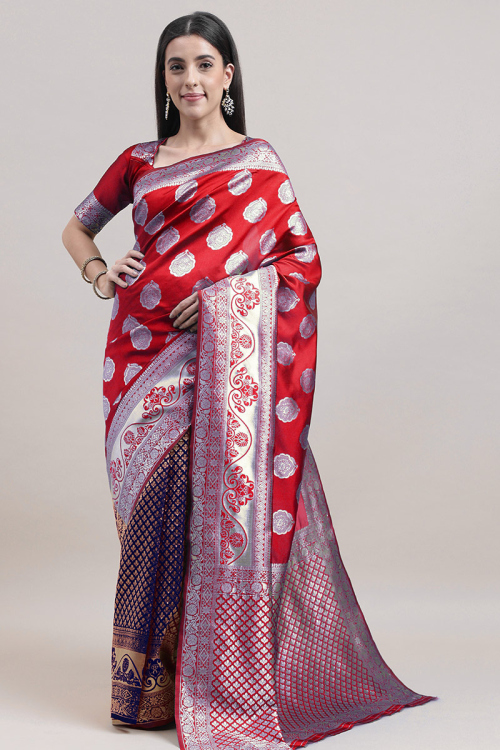Cherry Red And Royal Blue Weaved Zari Half And Half Silk Saree 