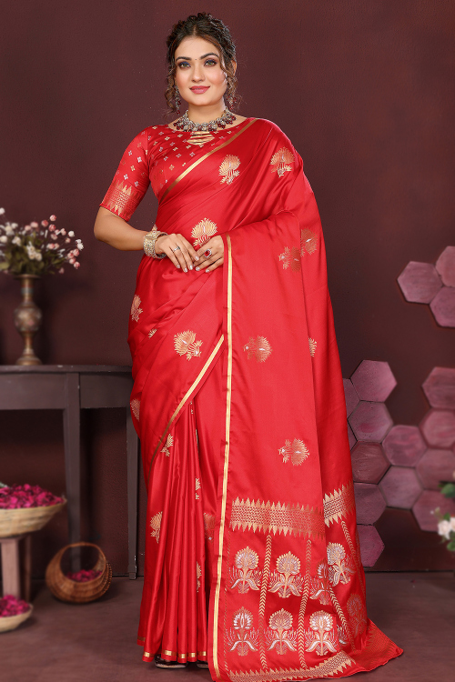 Cherry Red Art Silk Broad Border Saree With Woven Zari Work