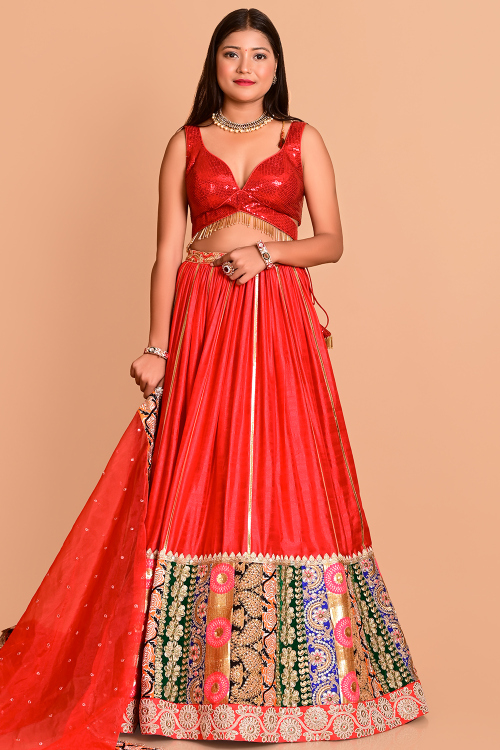 Cherry Red Art Silk Embroidered Flared Style Lehenga