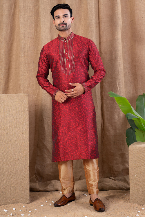 Cherry Red Art Silk Men's Kurta Pajama With Weaved Work