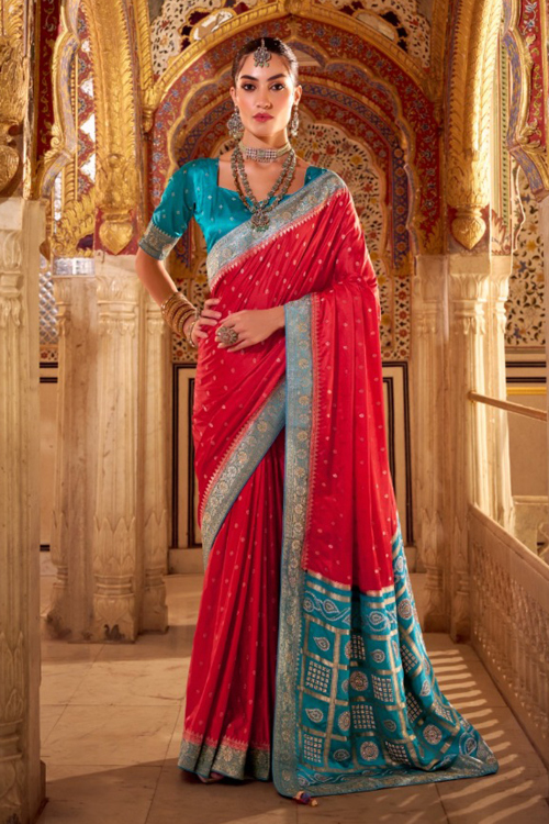 Cherry Red Art Silk Saree With Woven Zari Work For Festival 