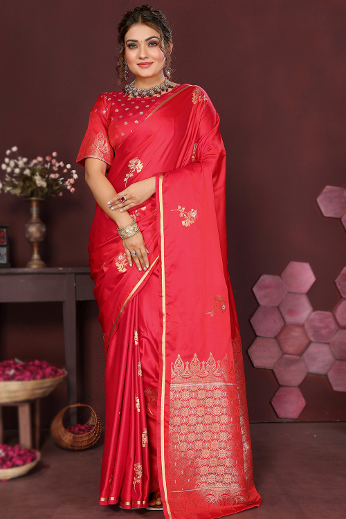 Cherry Red Art Silk Woven Zari Broad Border Saree 