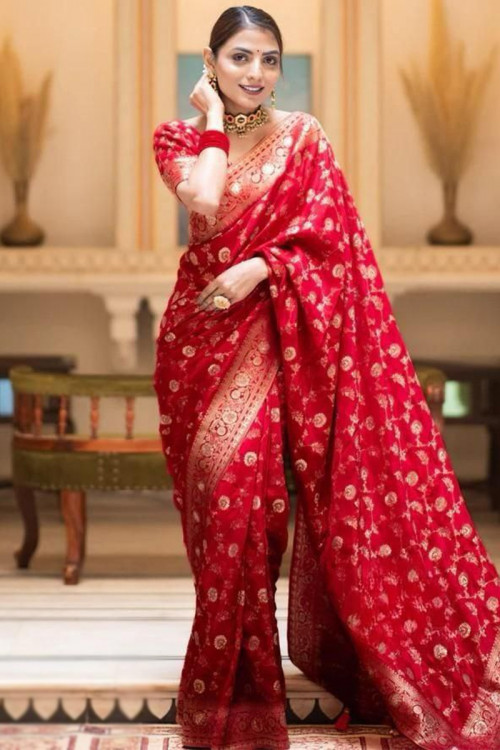 Cherry Red Banarasi Style Woven Zari Silk Saree
